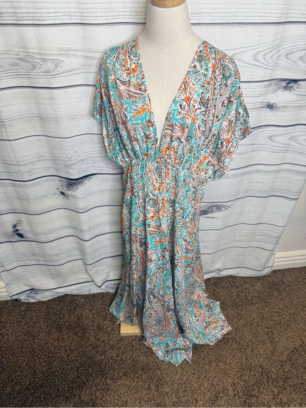 SHEIN Teal Paisley V-Neck Maxi Dress with Orange Accents